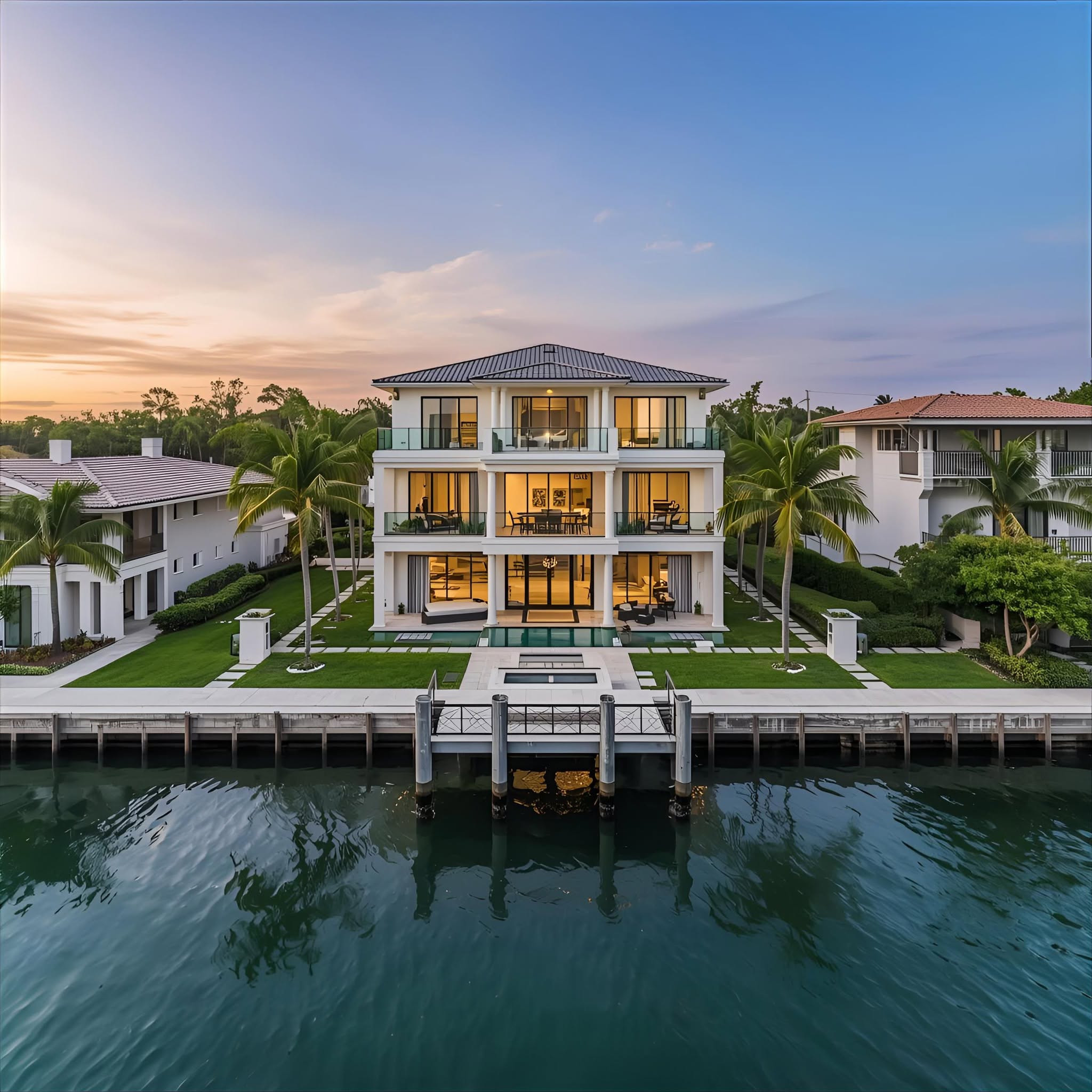 White three-story waterfront home at dusk, with illuminated interiors, palms, pool, dock and reflections