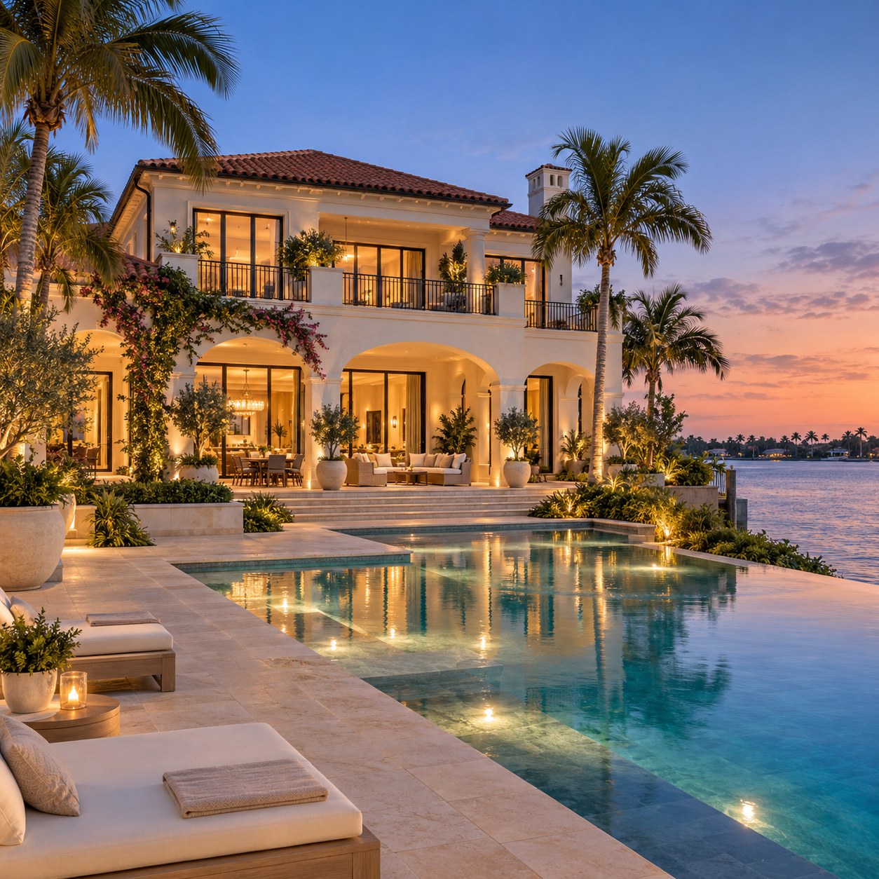 AI-generated illustration of a fictional Mediterranean waterfront home with a pool at dusk