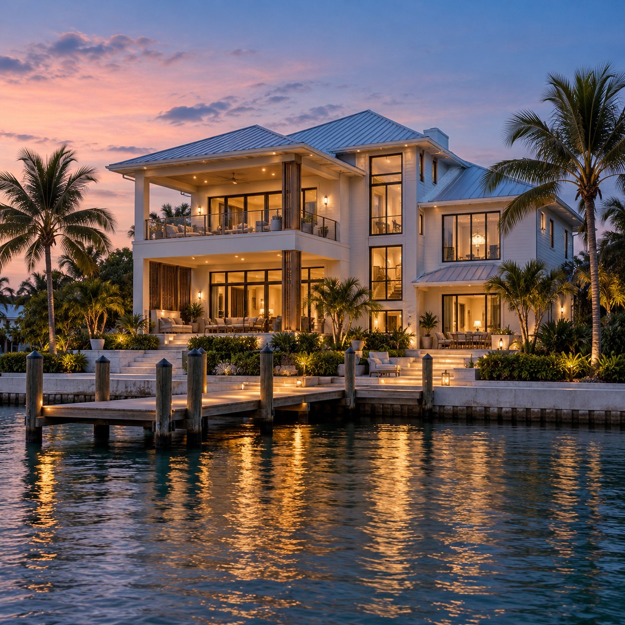 AI-generated illustration of a fictional three-story coastal waterfront home with warm lights at twilight
